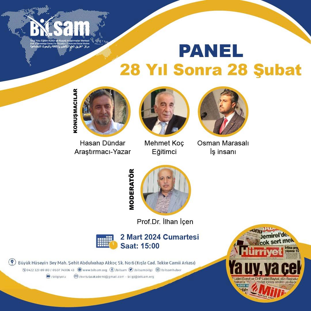 Yarın Saat 15.00'da gerçekleştireceğimiz  '28 Yıl Sonra 28 Şubat' Panelimize katılımlarınız bekliyoruz....